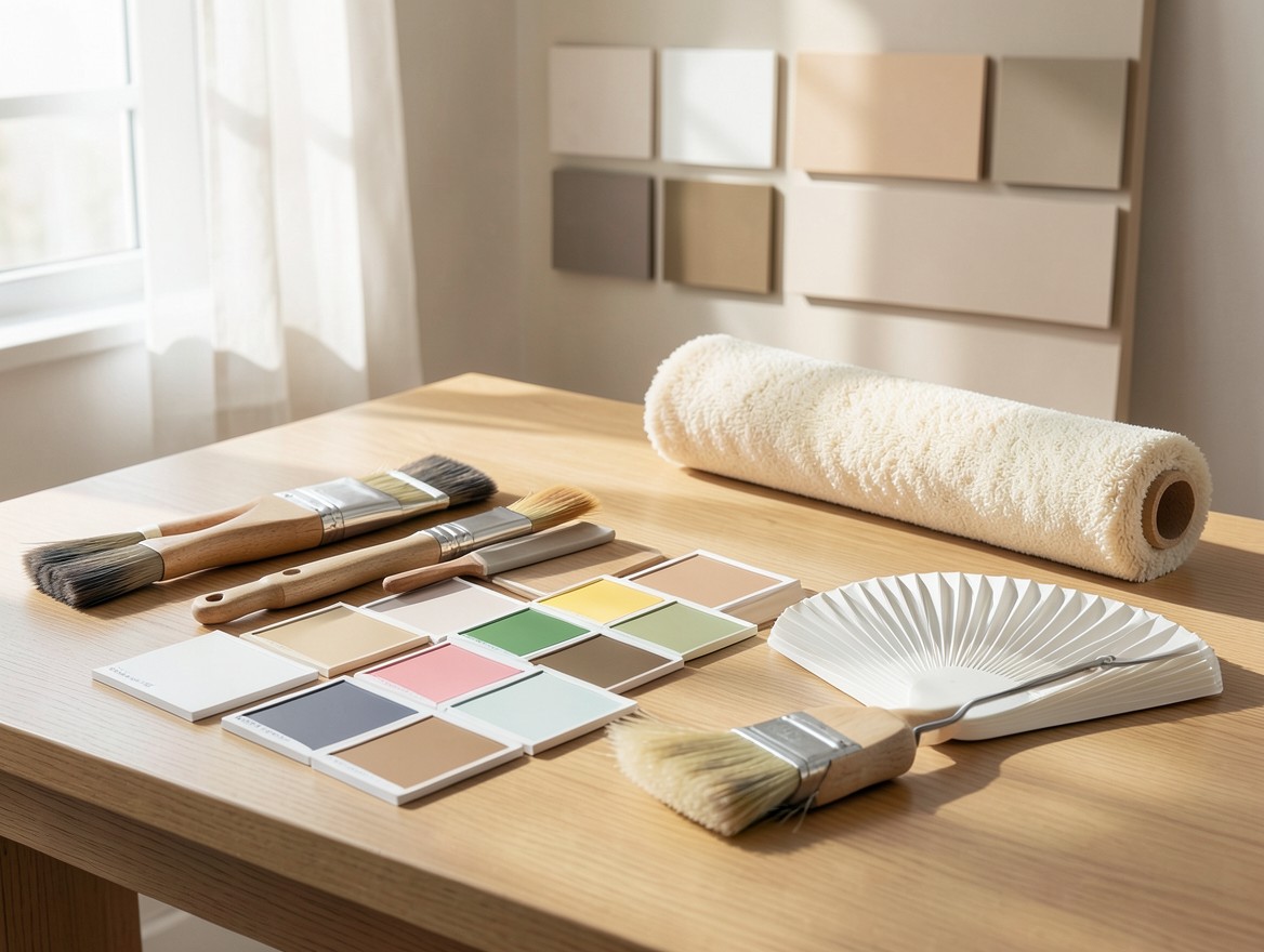 Muestrario de colores y herramientas de pintura